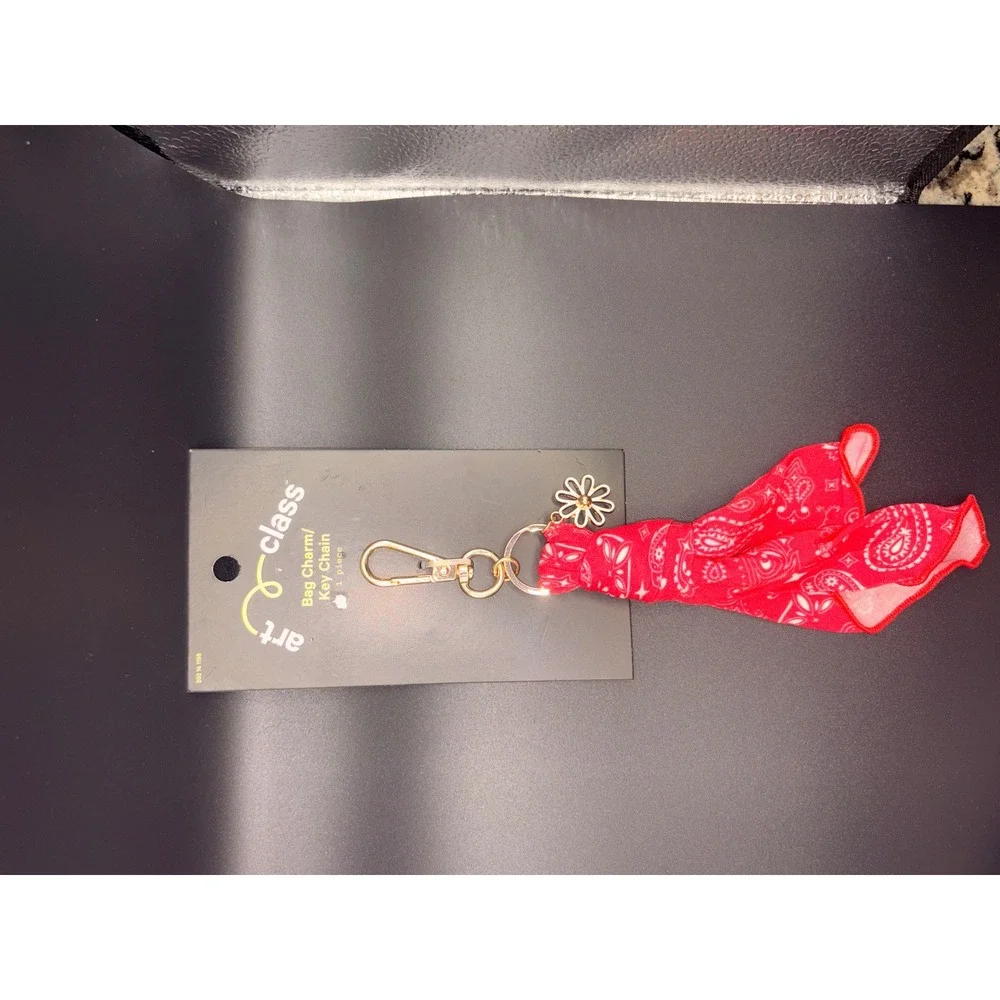 Art Class Red Bandana Paisley Bag Charm Key Chain Gold Tone Daisy Flower NWT